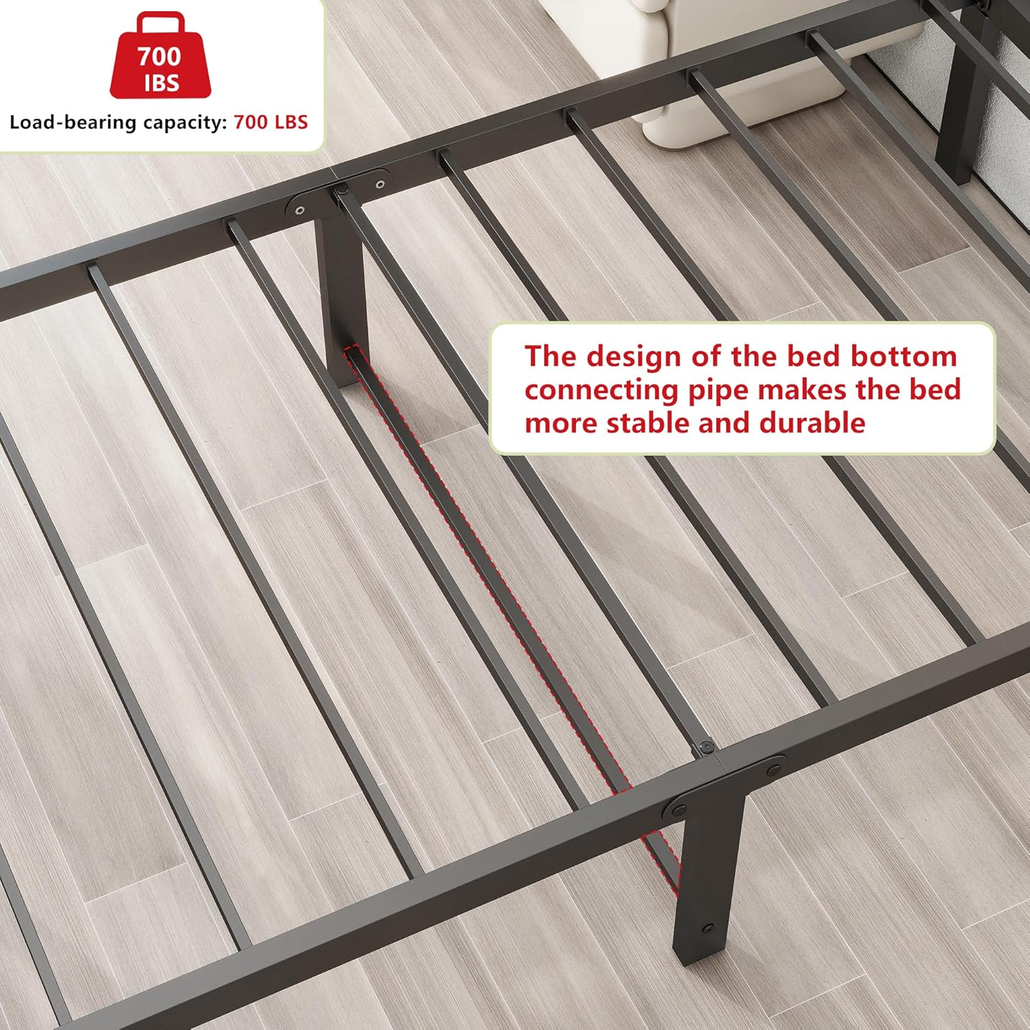 Close-up of bed frame slat structure showing 700 lbs load capacity and bed bottom connecting pipe for stability