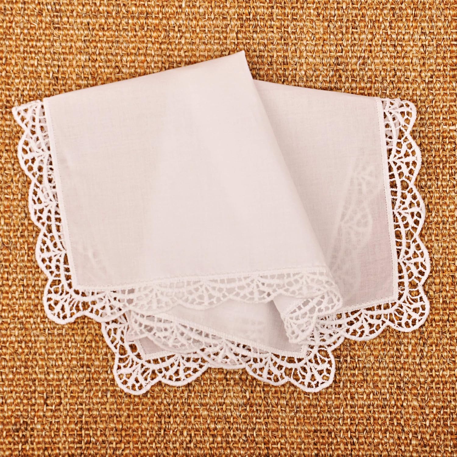 Milesky White Wedding Handkerchief Pure Cotton, Soft Ladies Hanky with Crochet Lace