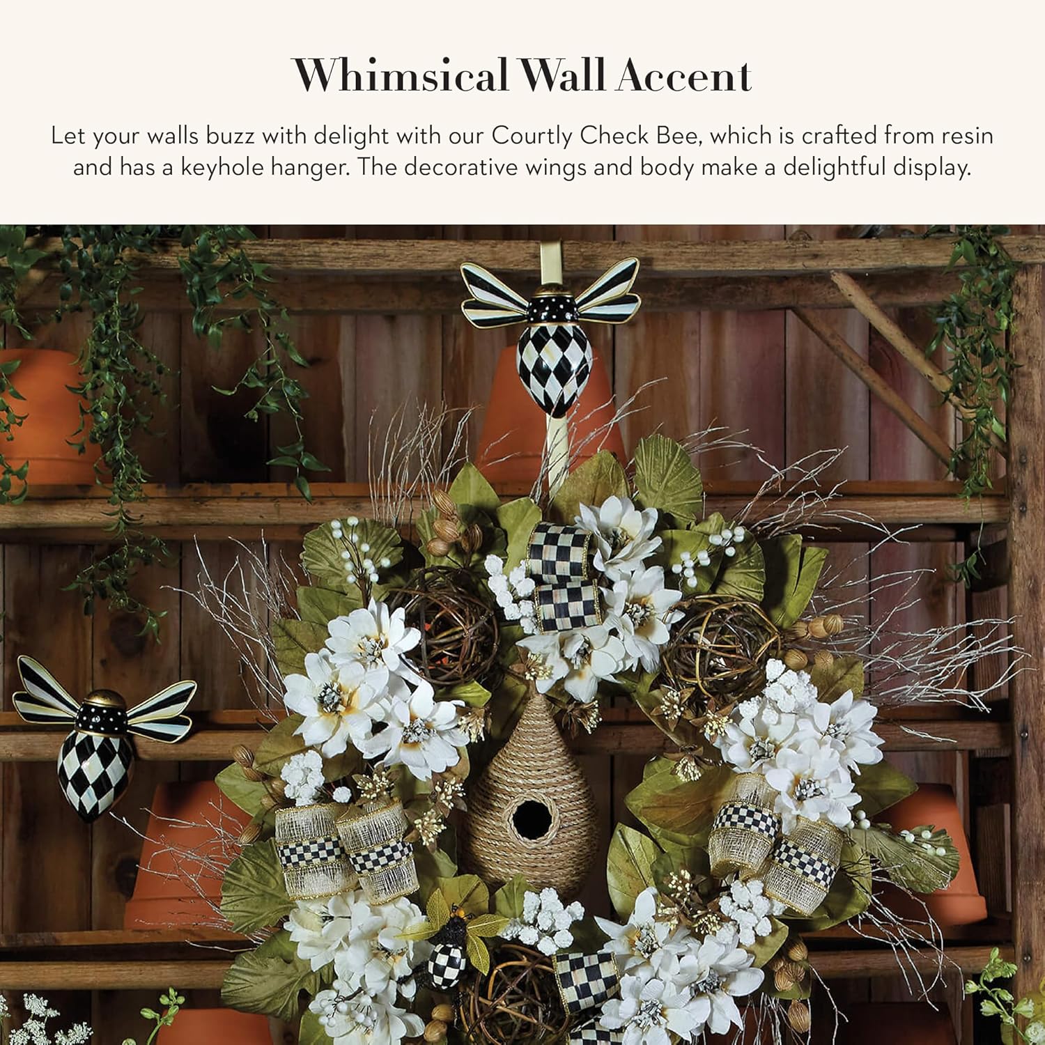 MACKENZIE-CHILDS Bee, Hanging Bee Decoration, Black-and-White Courtly Check