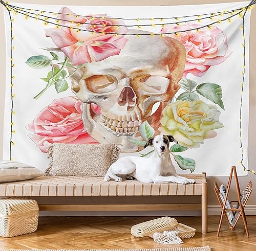 Miniatura 8 de Ambesonne Tapiz de calavera, calavera con rosas vivos y muertos, diseño romántico de cara malvada, para colgar en la pared para dormitorio, sala de