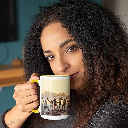 Miniatura 4 de Taza de café con foto personalizada, 15 onzas, amarillo, con imagen envolvente, texto, taza de cerámica personalizada con imagen, taza personalizada