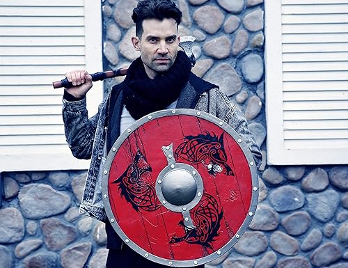 Miniatura 5 de LOOYAR Escudo de tótem de lobo de la era vikinga de los vikingos y decoraciones de hacha para disfraz de Halloween de caballero berserker vikingo