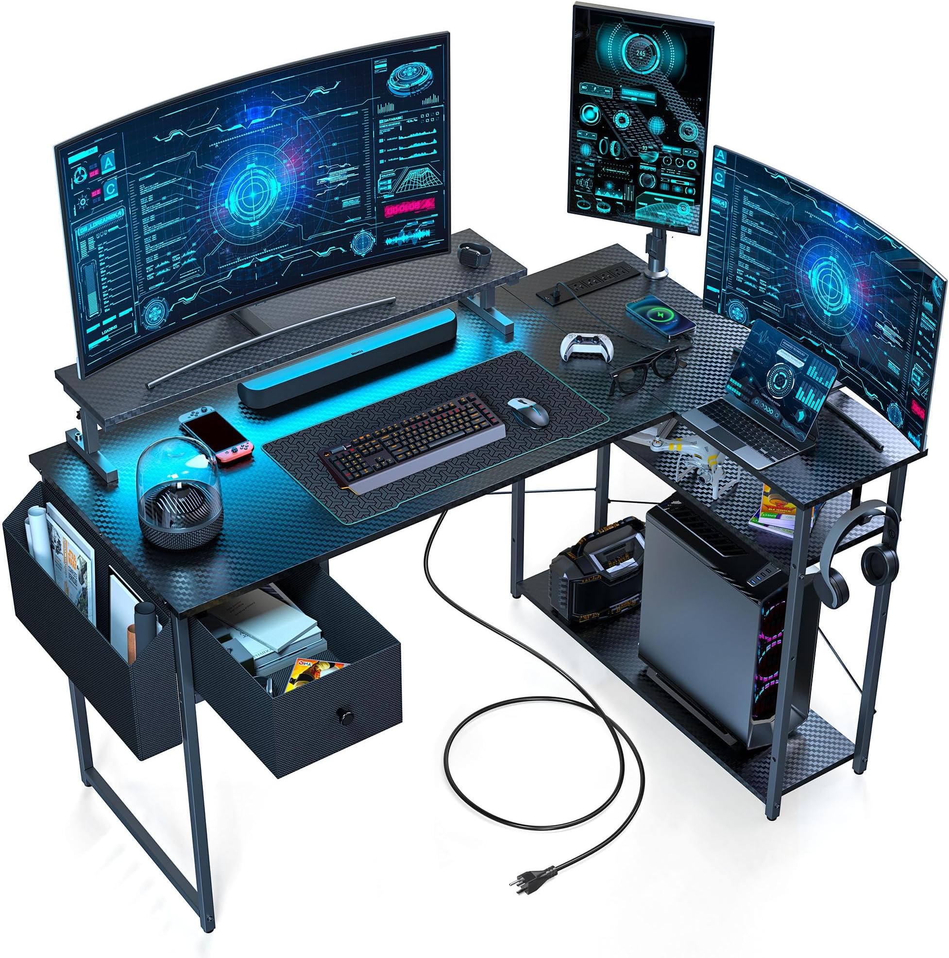 DOMICON Gaming Desk, 47 inch L Shaped Gaming Desk, Computer Desk with LED Lights & Adjustable Stand, Power Outlets, Storage Drawer, Reversible with Shelves, Hook, Black Carbon Fiber
