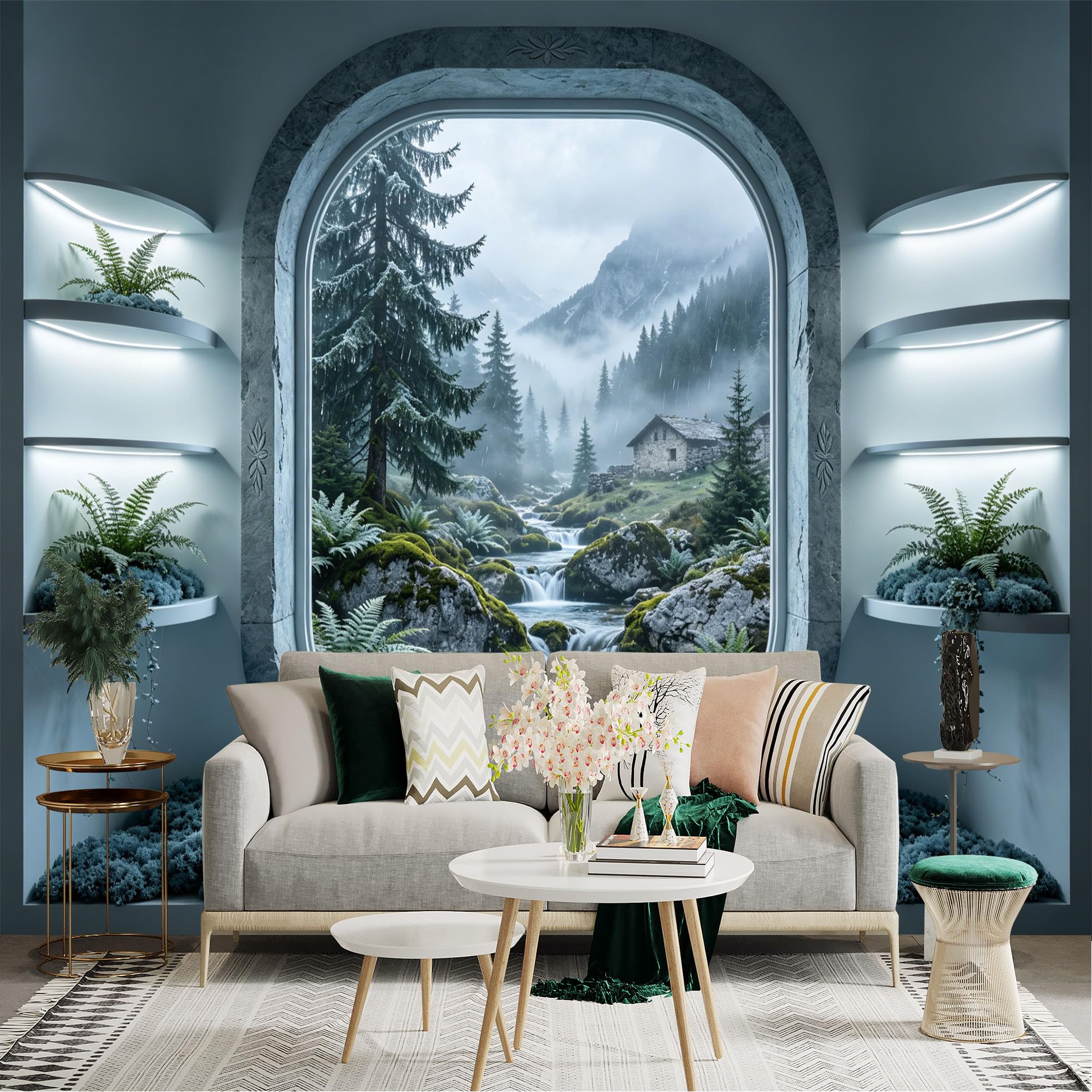 Lnzczhyre Dbh260521644 Custom Size Wall Sticker Mural， Misty Mountain Stream， Pine Forest Cabin， Mossy Rocks， Nature Landscape View， For Wall Decoration， Peelandstick Wall Decals.