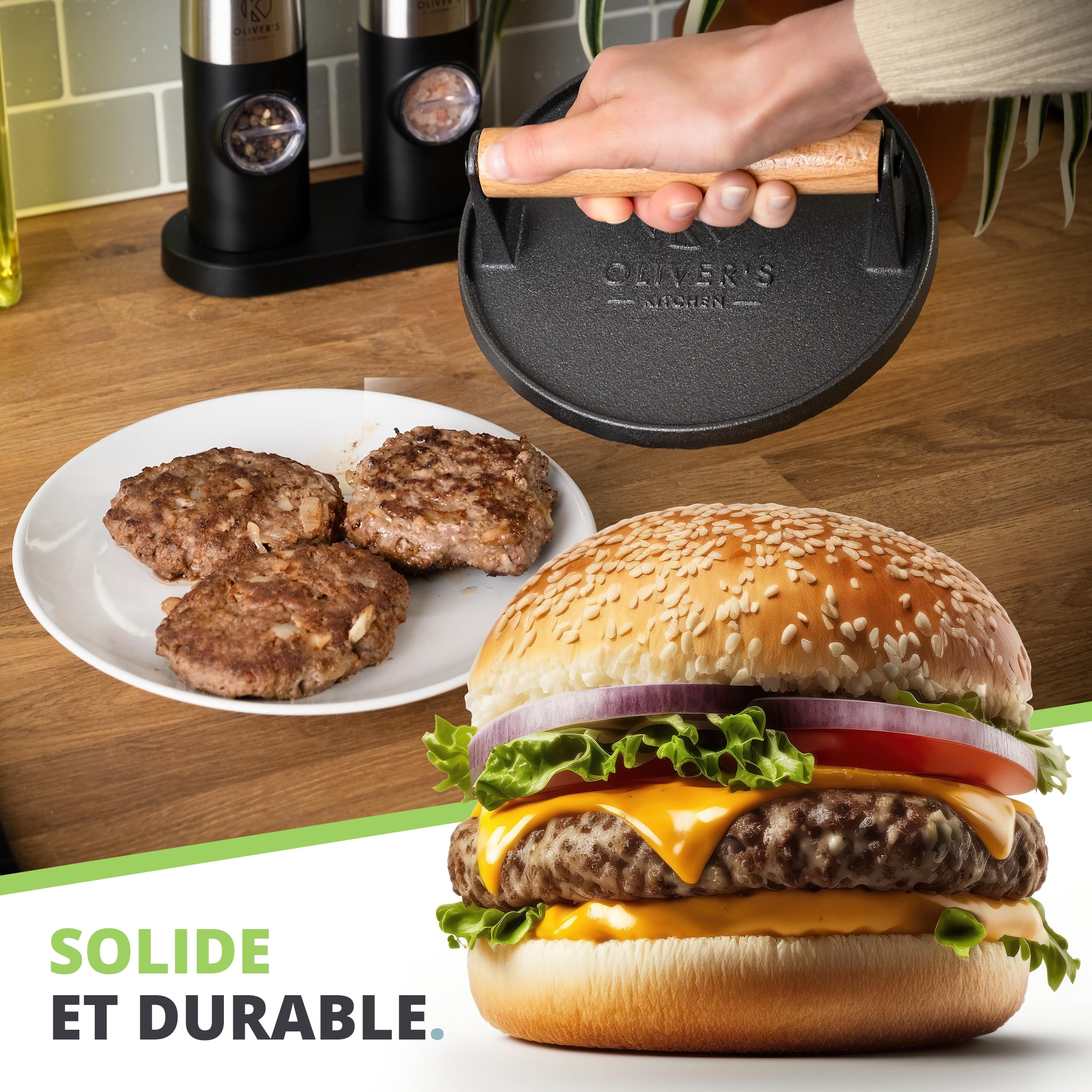 Oliver's Kitchen ® Presse Burger - Moule Steak Haché Premium, Robuste, en Fonte pour Écraser les Burgers Facilement - Poignée Confortable et Base Antiadhésive pour les Chefs Barbecue et Grillades