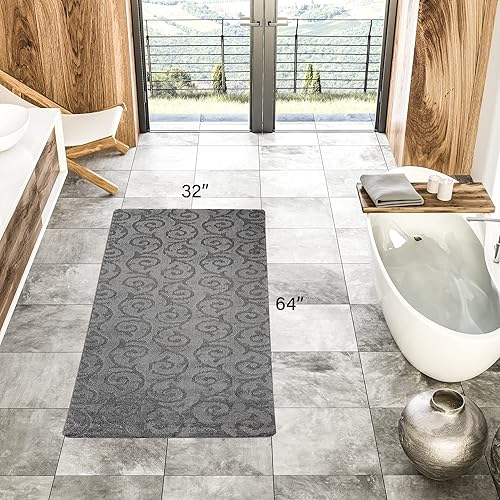 Vista 3 de Alfombra lavable a máquina para cocina y baño, diseño de voluta, color gris, respaldo antideslizante de gran