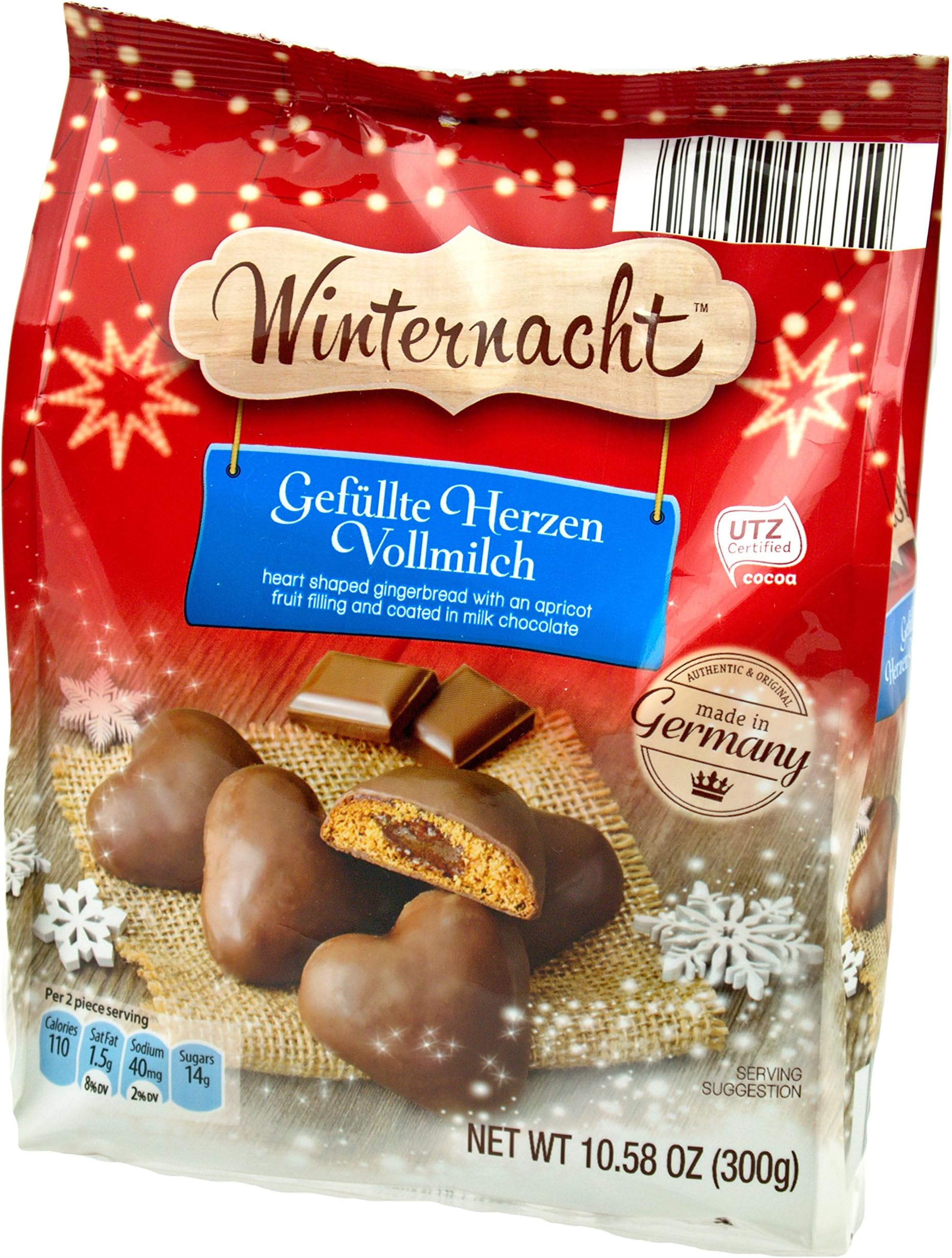 Winternacht Gefüllte Herzen Vollmilch (Heart-shaped Milk Chocolate-covered Gingerbread with Apricot Fruit Filling), Imported from Germany, 10.58 Ounces
