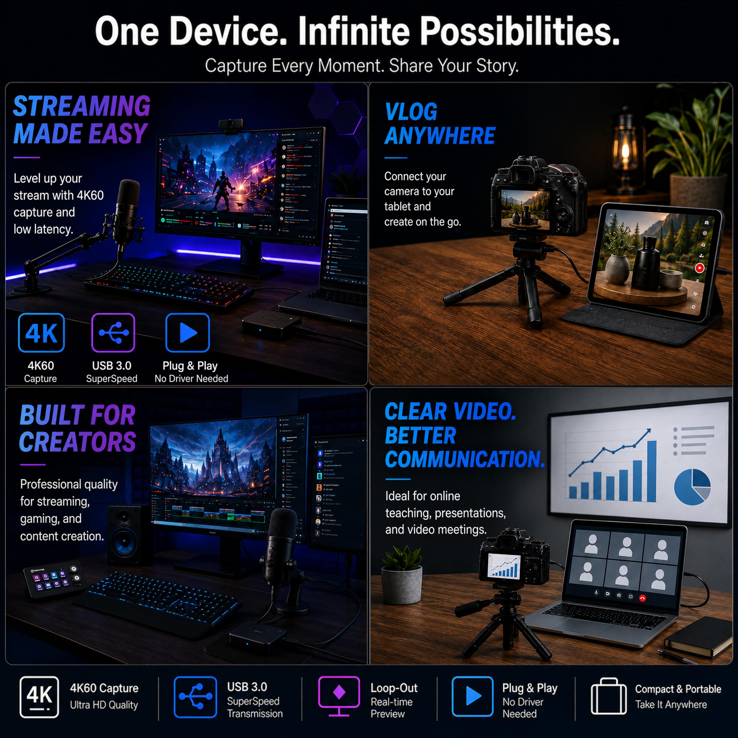 Guermok, Capturadora HDMI, 4K60FPS / 2K120FPS, Paso Directo 4K60, Streaming | Streaming, grabación y juego con baja latencia, Compatible con consolas portátiles, ordenadores, vídeo estable, fácil de usar