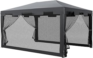 Outsunny 10x13ft Outdoor Gazebo Canopy, Garden Party Tent Patio Sun Shade Shelter Wedding Tent with Mesh Sidewalls and 2 Doors, Dark Grey