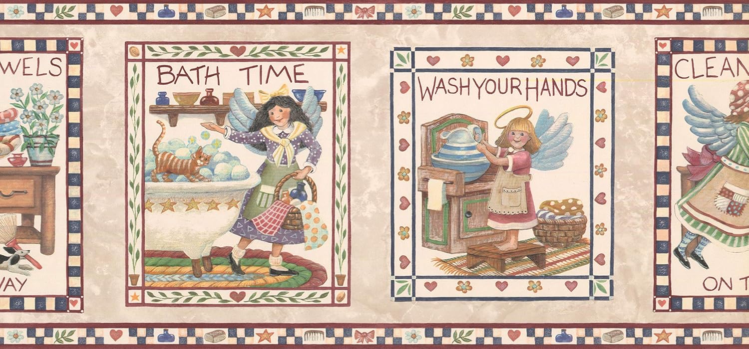 Wallpaper Border - Bath Time Wash Your Hands Kitchen Bathroom Wall Border Retro Design, Prepasted Roll 15 ft. x 9 in.