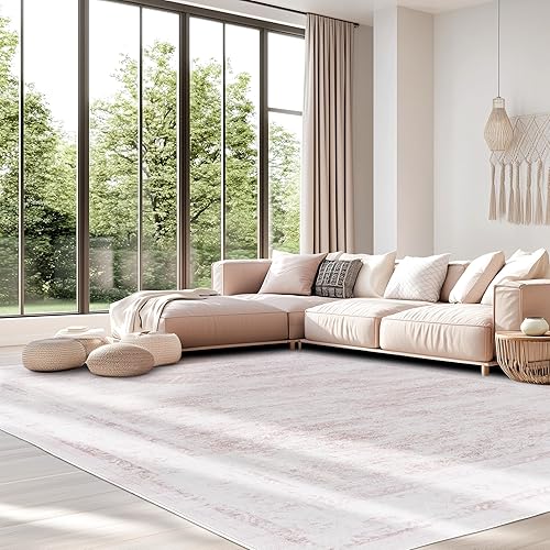 9x12 ft Area Rug Pink – Boho Indoor Rug, Machine Washable, Low Pile, Non-Slip, L