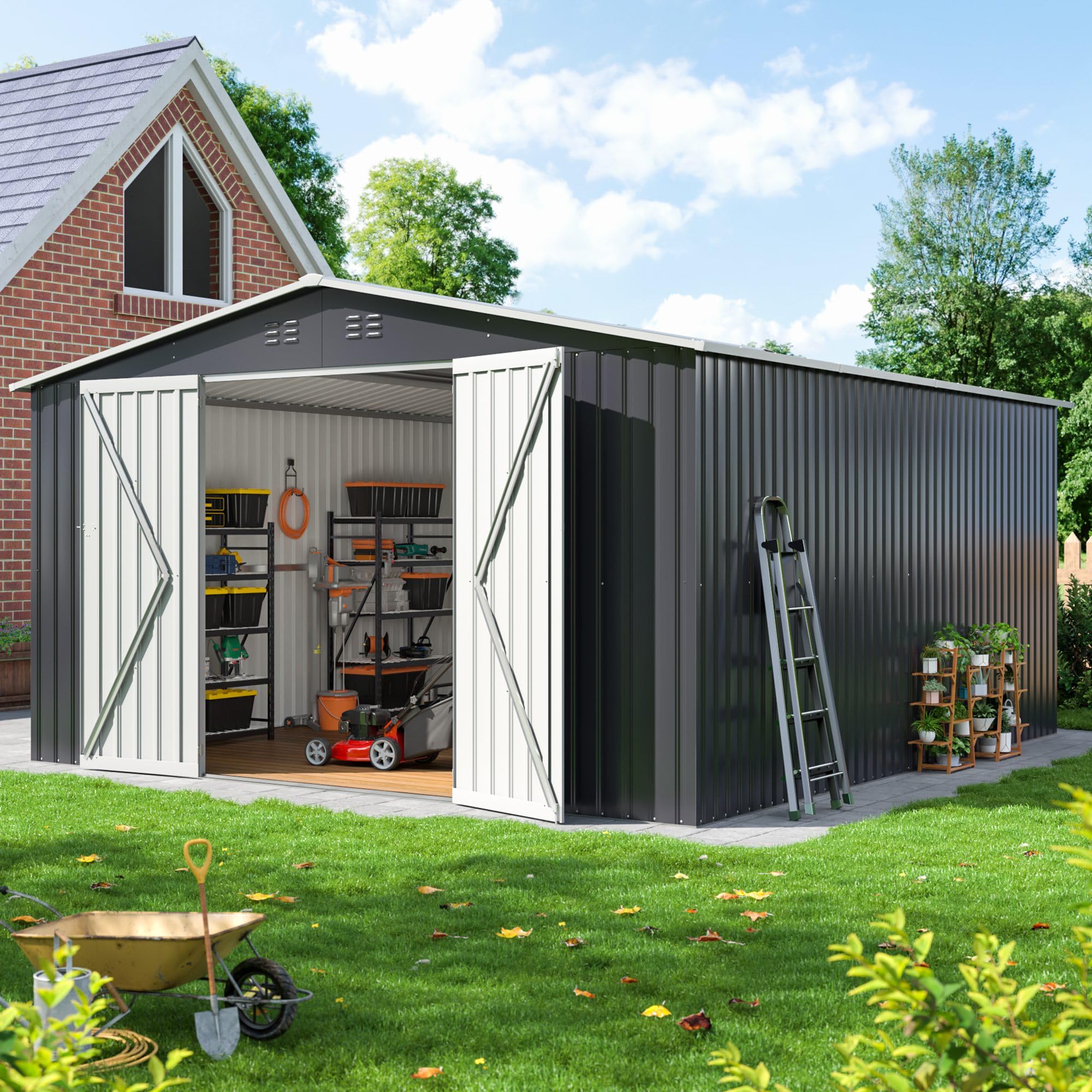 DAUSOLA 10x12 FT Outdoor Storage Shed, Metal Garden Tool Sheds with Windows
