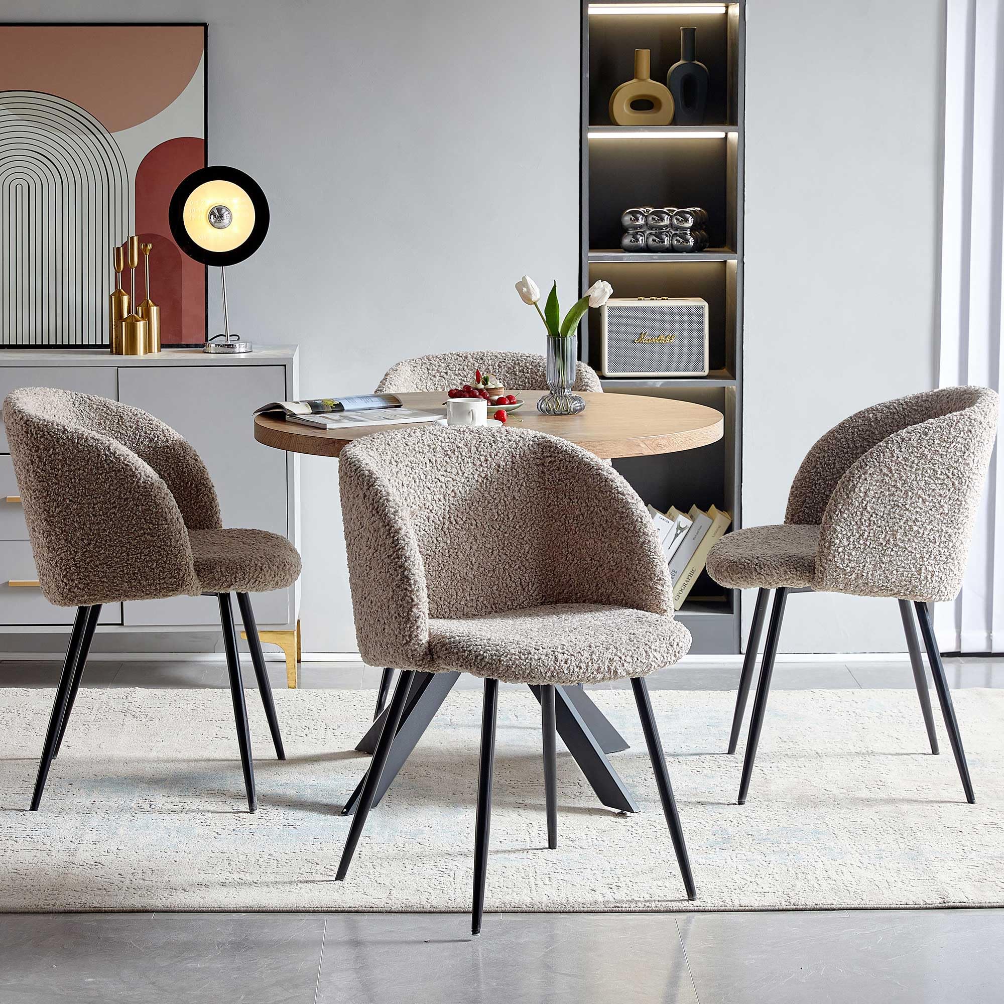 NORDICANA Esszimmerstühle 4er Set, Teddy Sessel, Schminktisch Stuhl, Küchenstühle, Wohnzimmerstuhl, Schwarze Metallbeine, Kunstpelz, Braun, für Wohnzimmer, Esstisch, Schminktisch