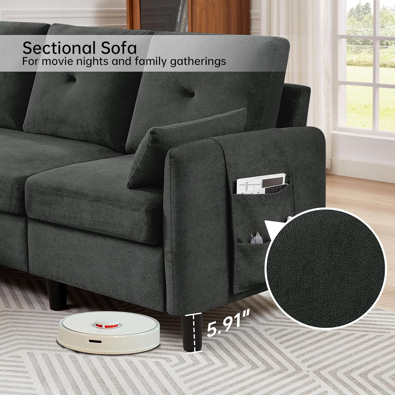 Sectional Couch Set, L Shaped Sofa with Reversible Chaise, Loveseat, Armchair, 4 PCS Convertible Small Couches for Small Spaces, Living Room, Apartment and Office, Black