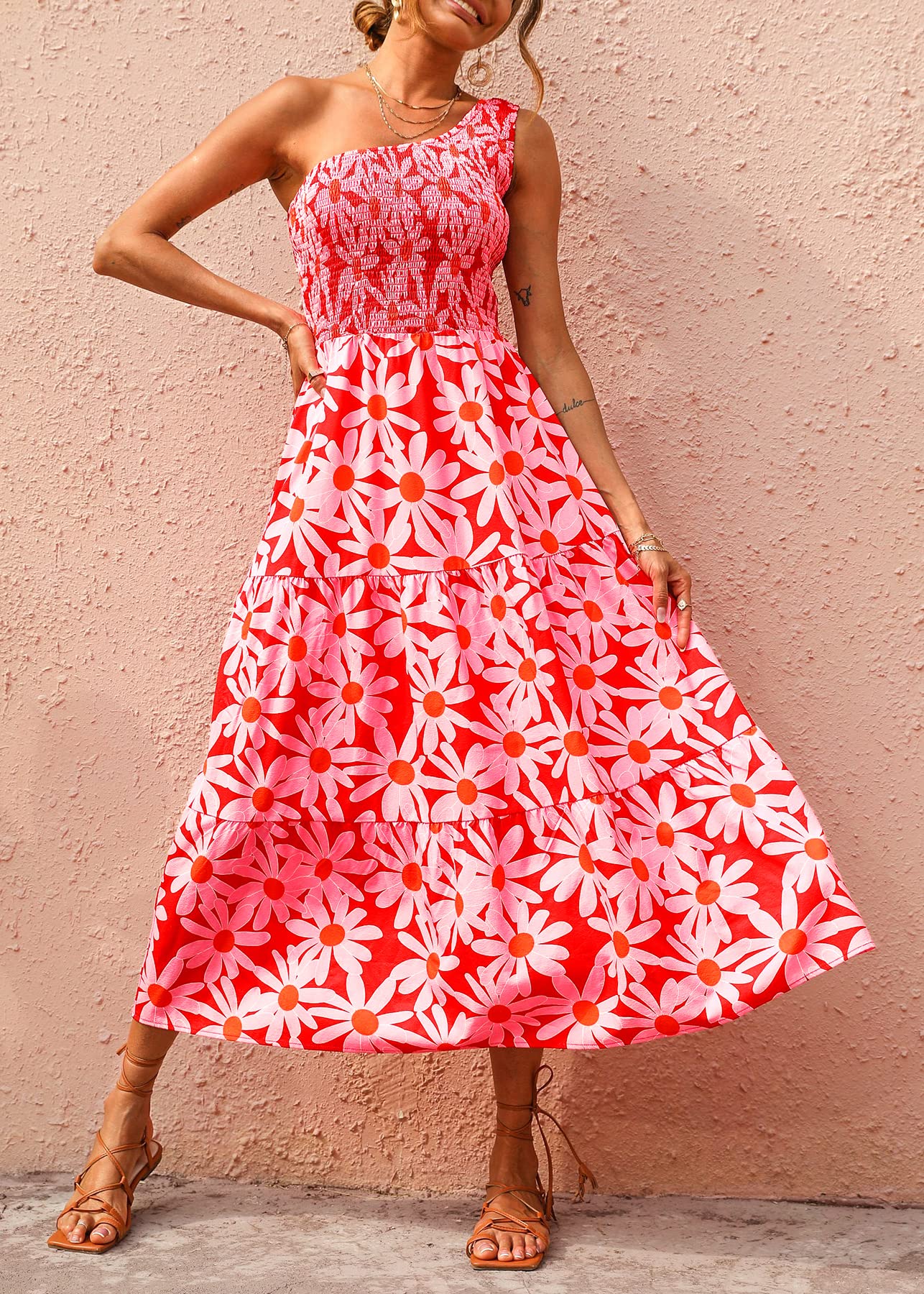 BTFBM 2025 Summer One Shoulder Dresses for Women Casual Sleeveless High Waist Floral Flowy Smocked Boho Beach Maxi Dress