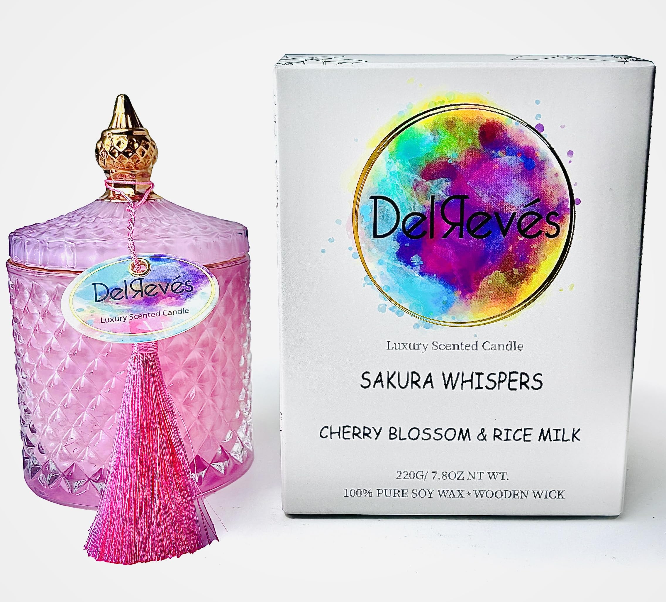 Delrevés "Sakura Whispers". Vela Aromática grande de lujo. Vela decorativa de soja con mecha de madera. +50 horas de Combustión. Perfumada a Flor de cerezo y leche de arroz. Regalo mujer