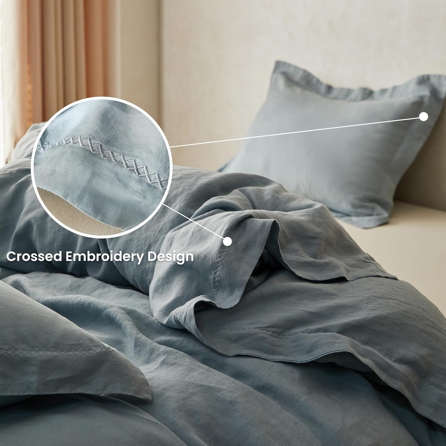 Simple&Opulence 100% Linen Duvet Cover Set with Crossed Embroidery Washed - 3 Pieces (1 Duvet Cover with 2 Pillow Shams) Soft Breathable Farmhouse - Dusty Blue, Queen Size