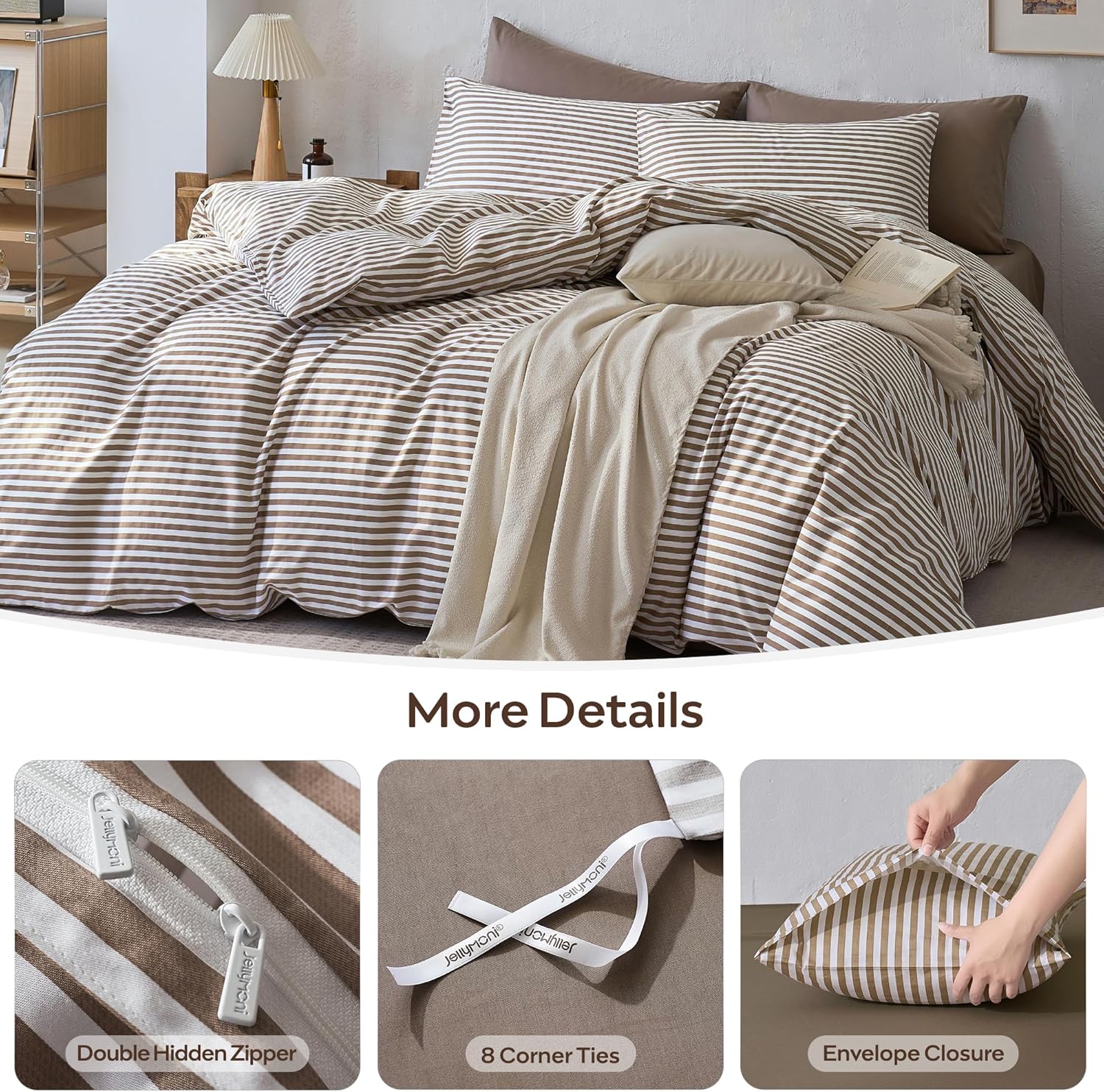 JELLYMONI Striped Duvet Cover Set - Queen Size Comforter Cover, Classic Tan & White Stripes, 100% Cotton 3 Pcs Bedding with Zipper Closure & 8 Corner Ties for Master or Guest Bedroom