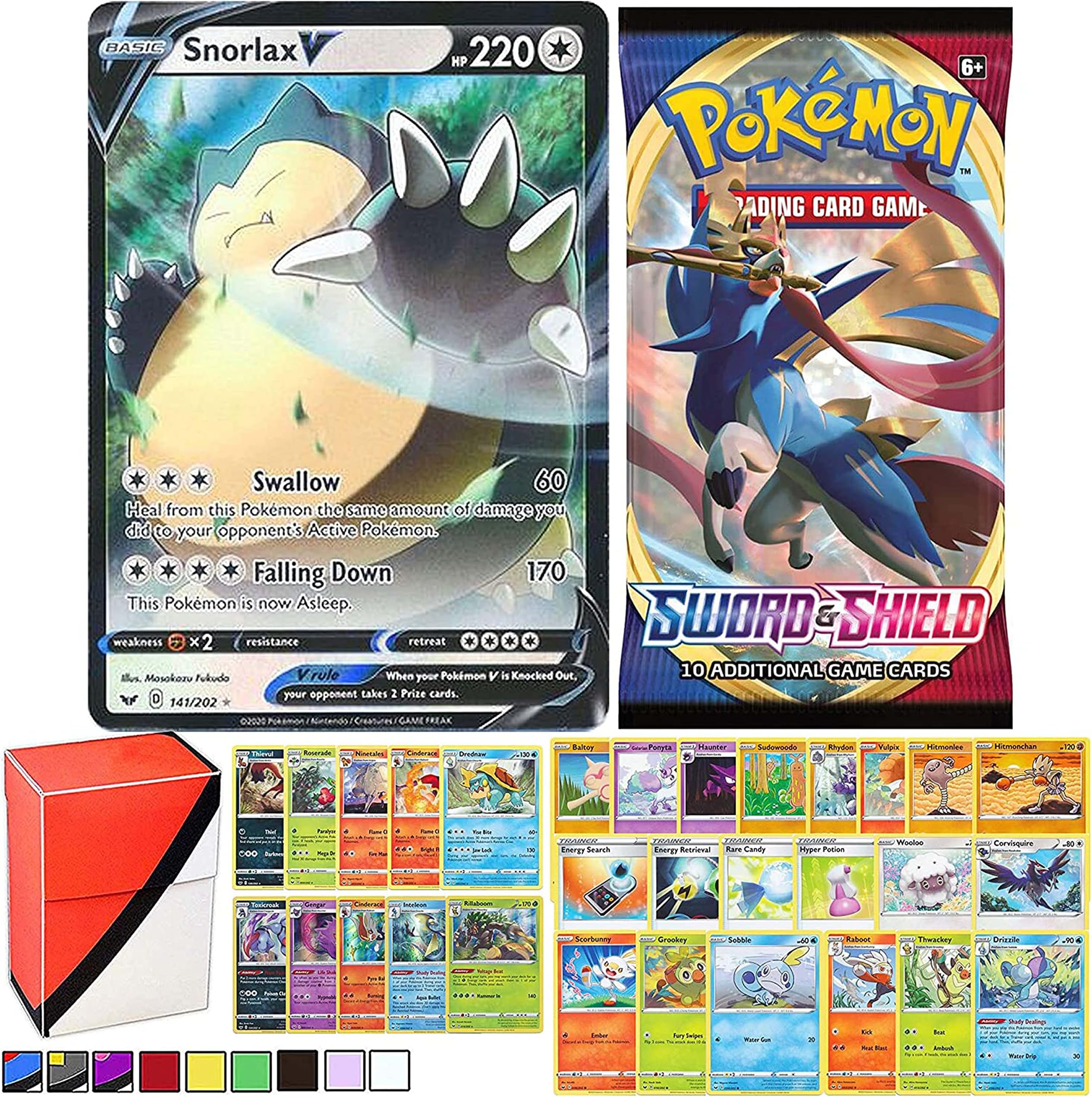 Totem World Sword and Shield Collectors Lot: V Card Guaranteed with Booster Pack, 5 Rare, 5 Foil Holo, 20 Regular Cards and Totem Deck Box Compatible for Pokemon Cards