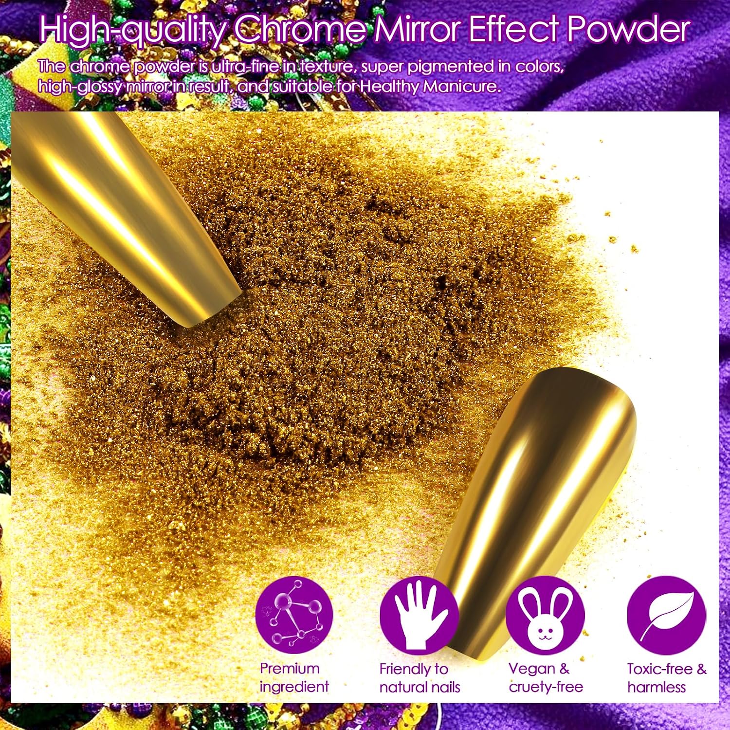 Allstarry Chrome Nail Powder, Metallic 4 Colors Mardi Gras Nails Powder Mirror Effect Manicure Pigment Green Purple Gold Glitter Dust Kit for Gel Polish Nail Art Mardi Gras Accessories Festivals