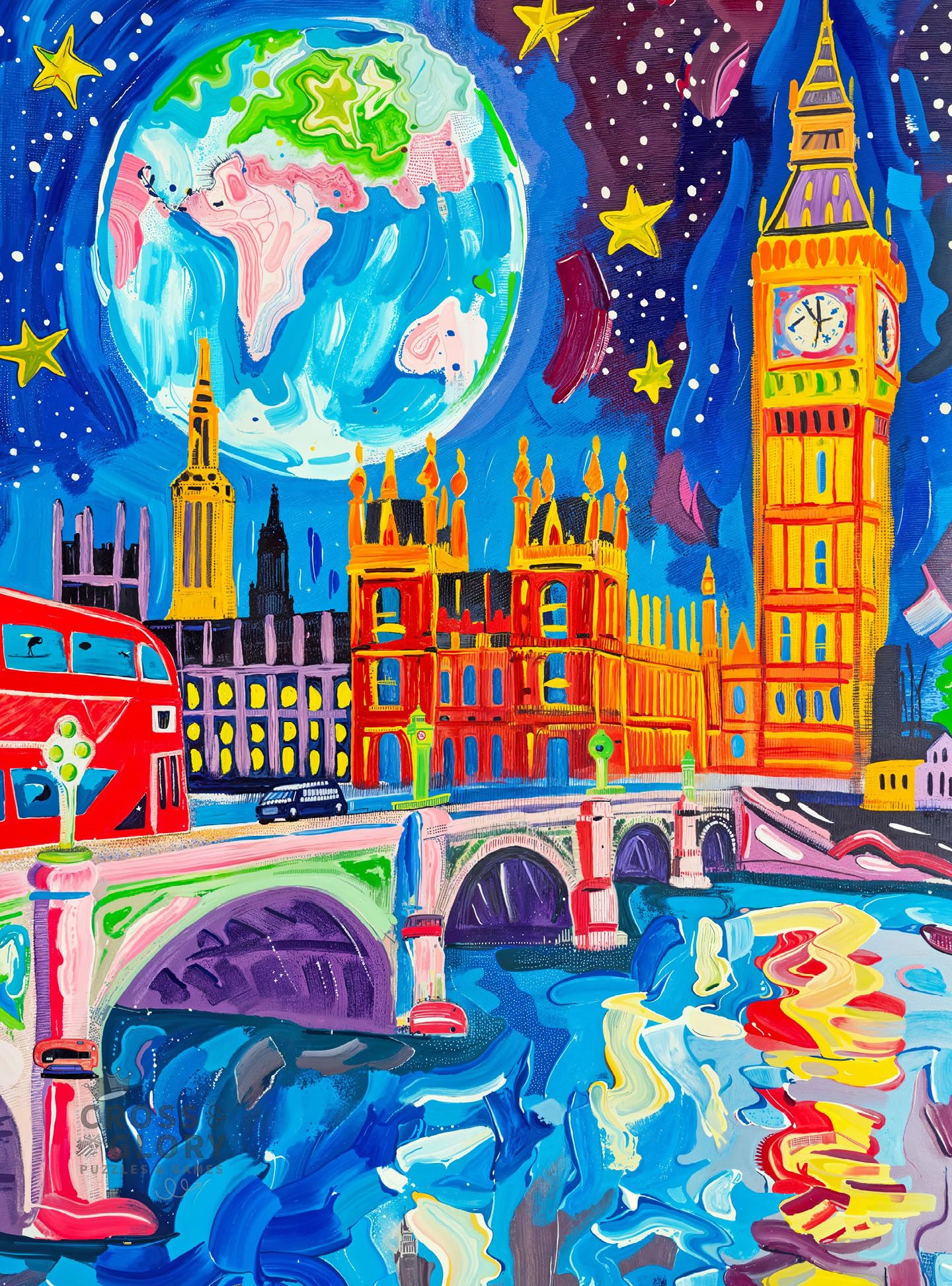 Cross & Glory - Starry Night in London - 1000 Piece Jigsaw Puzzle | Vibrant Art of Big Ben & Red Double Decker