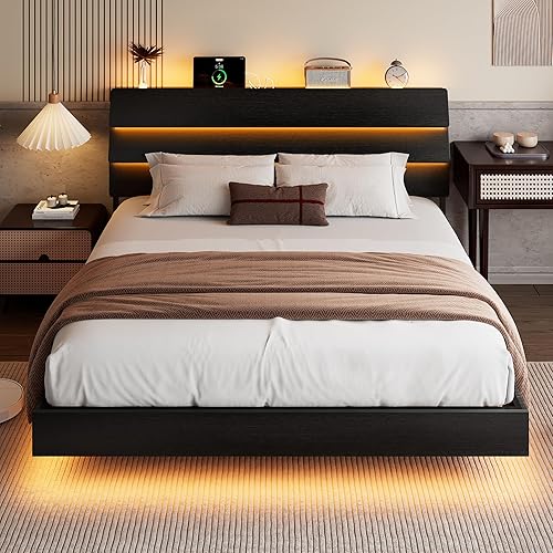 Miniatura 12 de Base de cama flotante tamaño Queen con cabecera LED y estación de carga, base de cama de plataforma de metal con almacenamiento, control remoto,