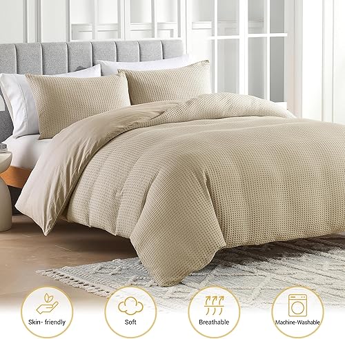 Miniatura 8 de Funda de edredón con 50 % viscosa derivada del bambú, 50 % algodón, tamaño Queen, ultra suave, tejido de gofre, tamaño Queen, transpirable, con