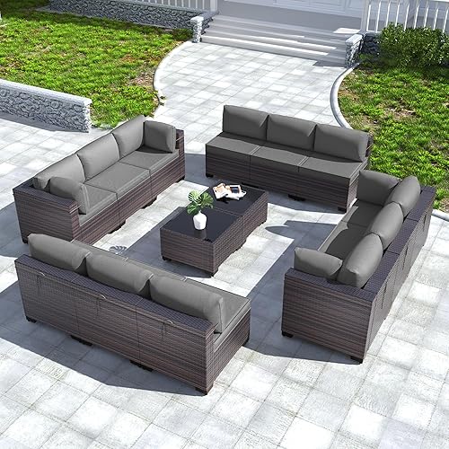 Kullavik 14 Pieces Outdoor Patio Furniture Set Outdoor Sectional Rattan Sofa Set Brown Manual Wicker Patio Conversation Set with Blue Cushions,2 Tempered Glass Tea Table and Cushions Covers