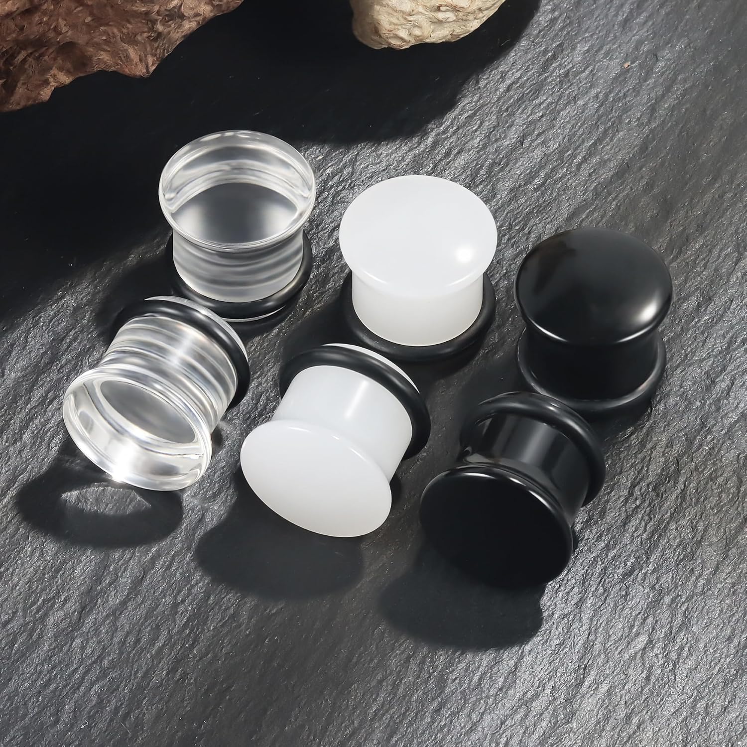 8G-12mm Acrylic Single Flare Ear Gauges Plugs and Tunnels mushroom shaped with O-Ring Gauges Expander Stretcher for Women Men Clear Black Opalite