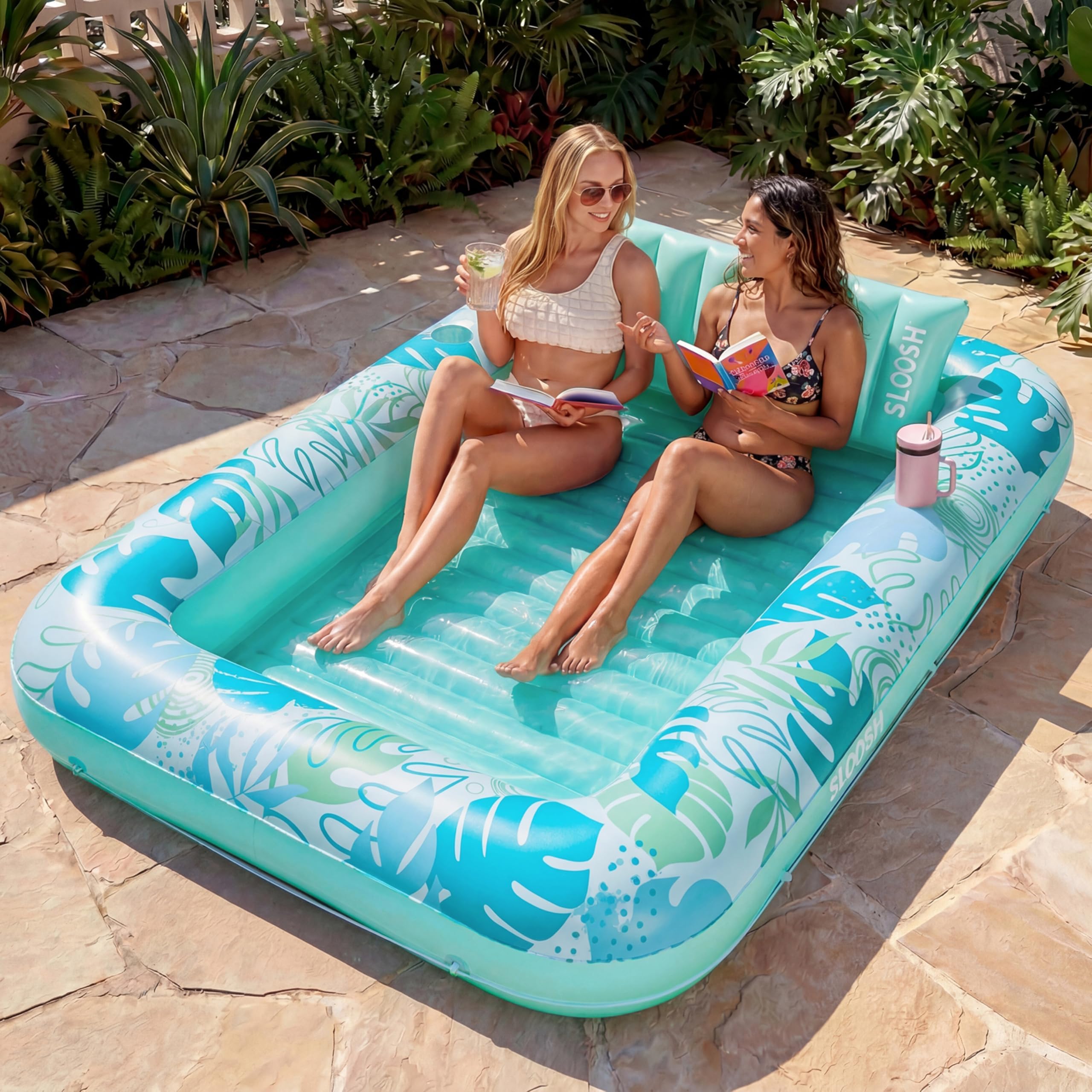 Sloosh Inflatable Tanning Pool Lounger Float for Adults, 85" x 57" Extra Large Suntan Tub Pool Floats Sun Tan Tub Ice Bath Tub Tanning Bed Blow up Pool Raft Lounge Floatie, XL-Cyan White