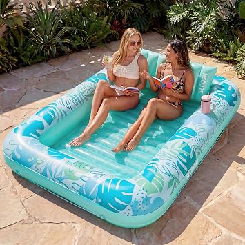 SLOOSH Inflatable Tanning Pool Lounger Float,85" x 57" Extra Large Pool Floats Adult with Pillow,4 in 1 Suntan Tub Raft Floatie,Sunbathing Bed Lounge Blow Up Ball Pit Party Gifts,XL-Cyan White