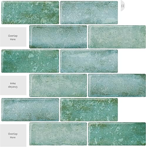 Artemuro 10 hojas de azulejos de metro verde azulado para despegar y pegar, azulejos autoadhesivos 3D para cocina, baño, azulejos de mosaico