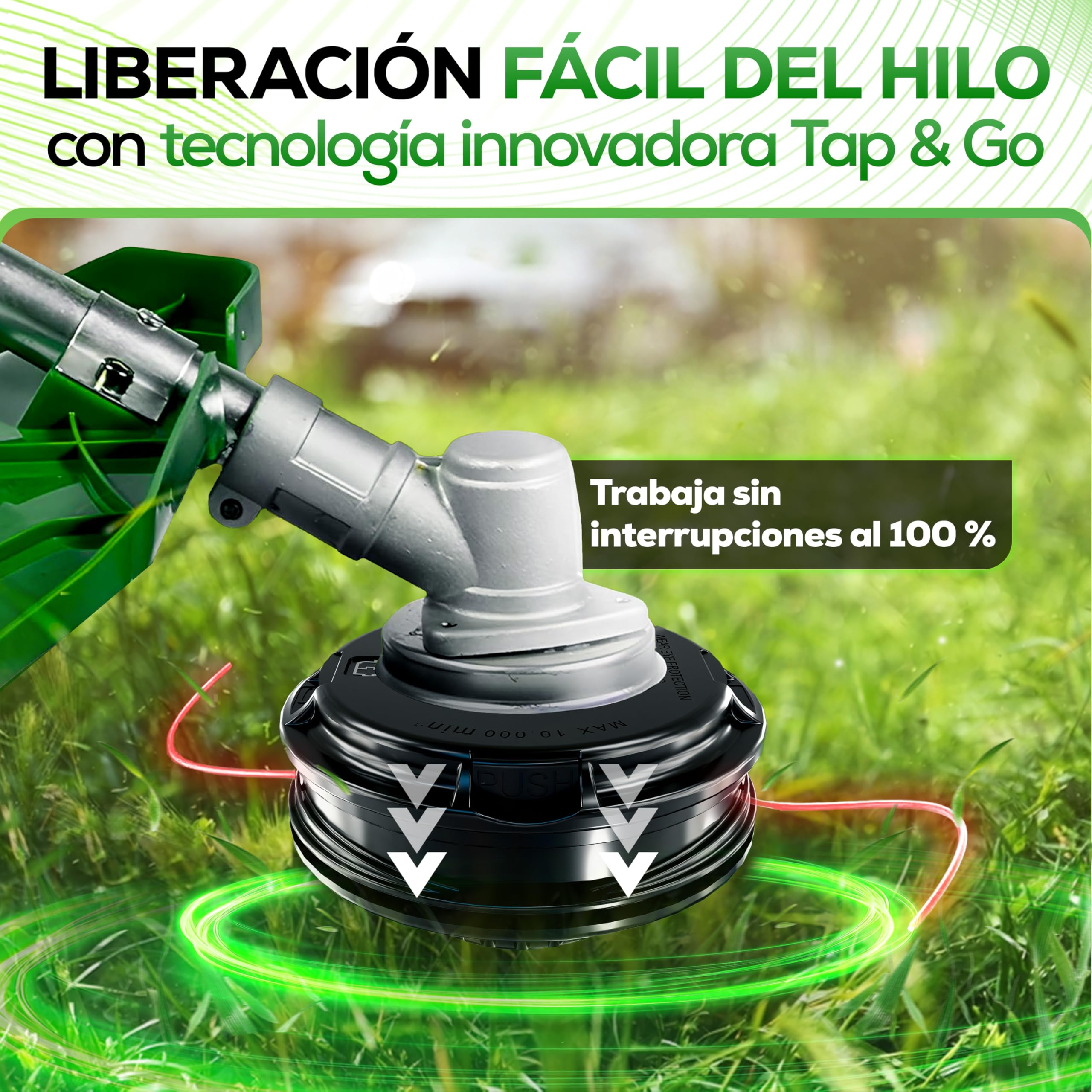 Heckenpracht® Cabezal de hilo para desbrozadora con pomo de acero, rosca izquierda, cabezal de recortador con función Tap & Go | Cortar el césped eficiente con cabezal de corte para desbrozadora