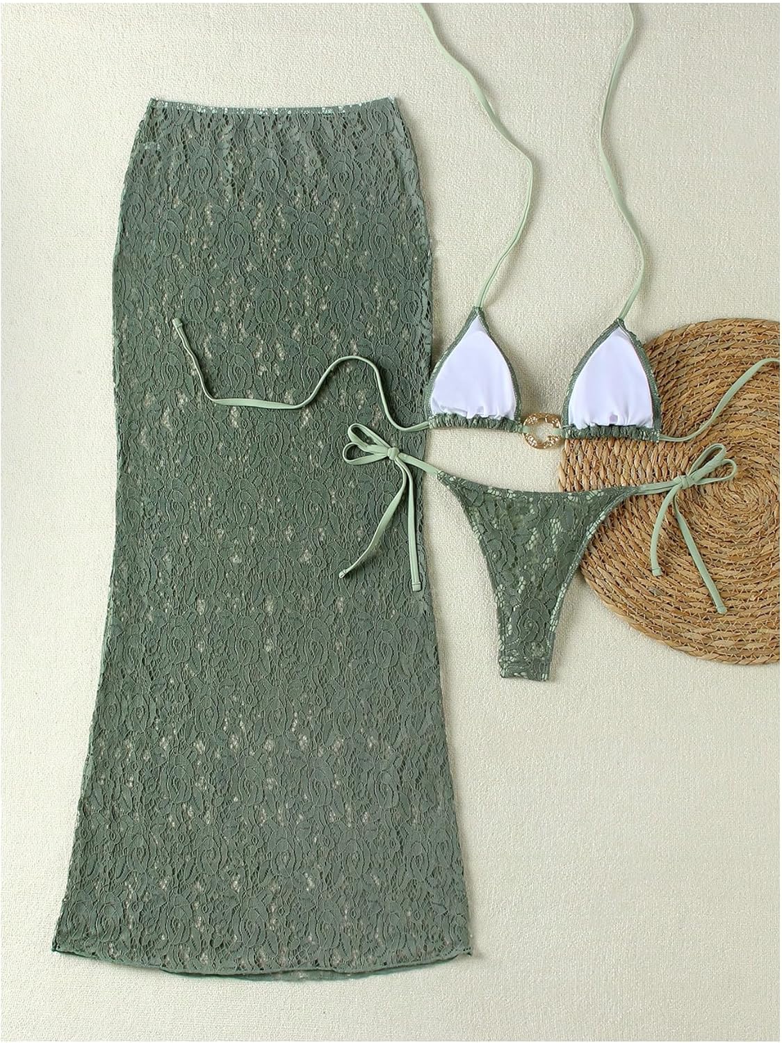 WDIRARA Women's 3 Piece Floral Lace Swimsuit Triangle String Bikini Set with Cover Up Skirt - Image 2