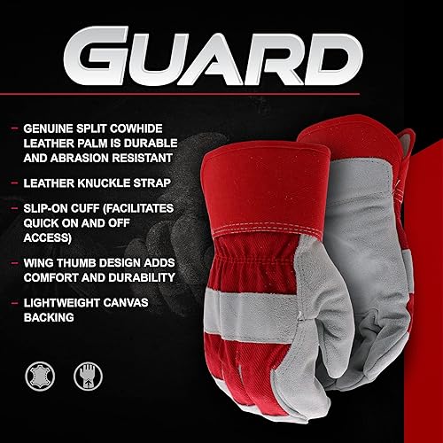 Miniatura 5 de Boss Men's Guard Split Cowhide Leather Palm Work Gloves, Safety Cuff, Leather Knuckle Strap, Wing Thumb, Abrasion Resistant