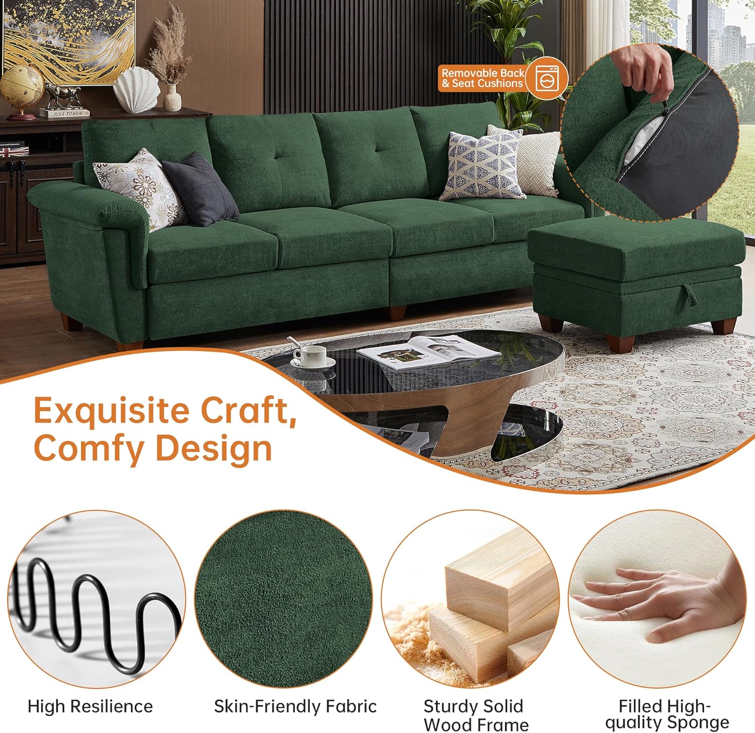 108" Sectional Sofa, Convertible L Shaped Sofa with Ottoman and Large Storage, 4 Seat Sectional Couch with Cup Holder, Couches for Living Room, Apartment, Office (Green)