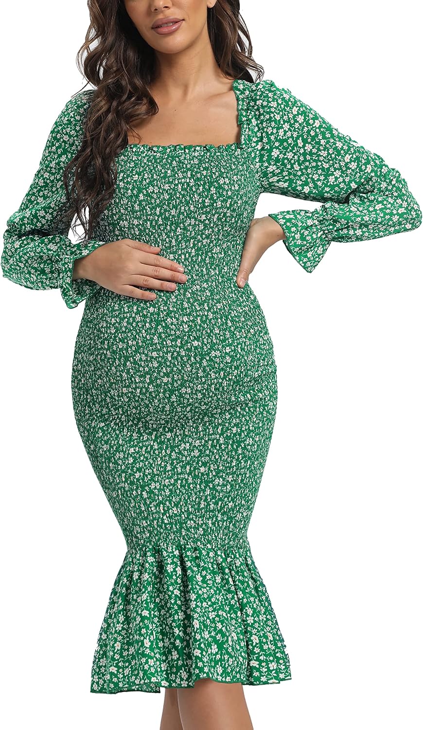 Maternity Fall Floral Midi Bodycon Dresses, Long Puff Sleeve Square Neck Ruffle Hem Mermaid Baby Shower Dress Green L - Image 2