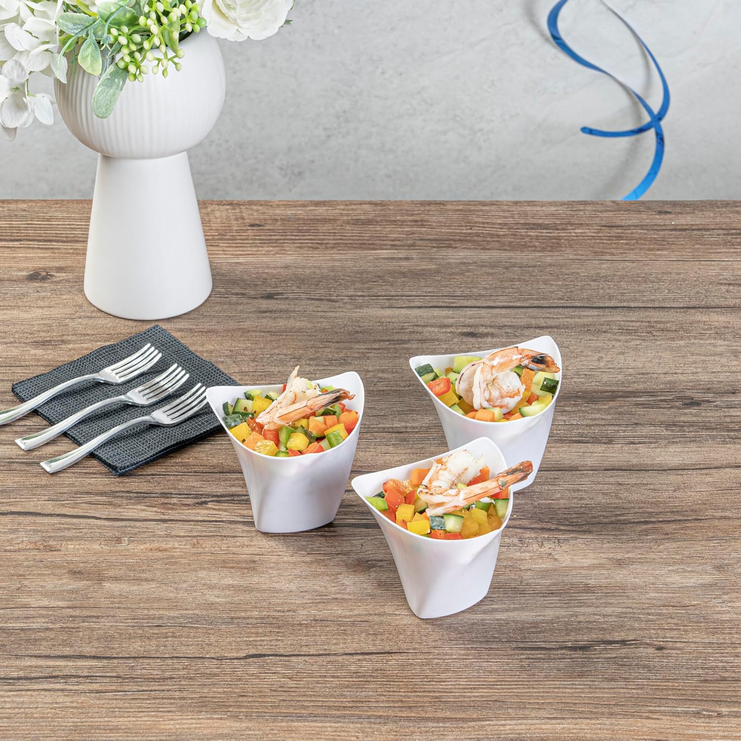 Restaurantware 4 Ounce Small Serving Cups 100 Triangular Dessert Shooters - Disposable Crescendo Design White Plastic Mini Dessert Cups Serve Appetizers Tastings And Snacks