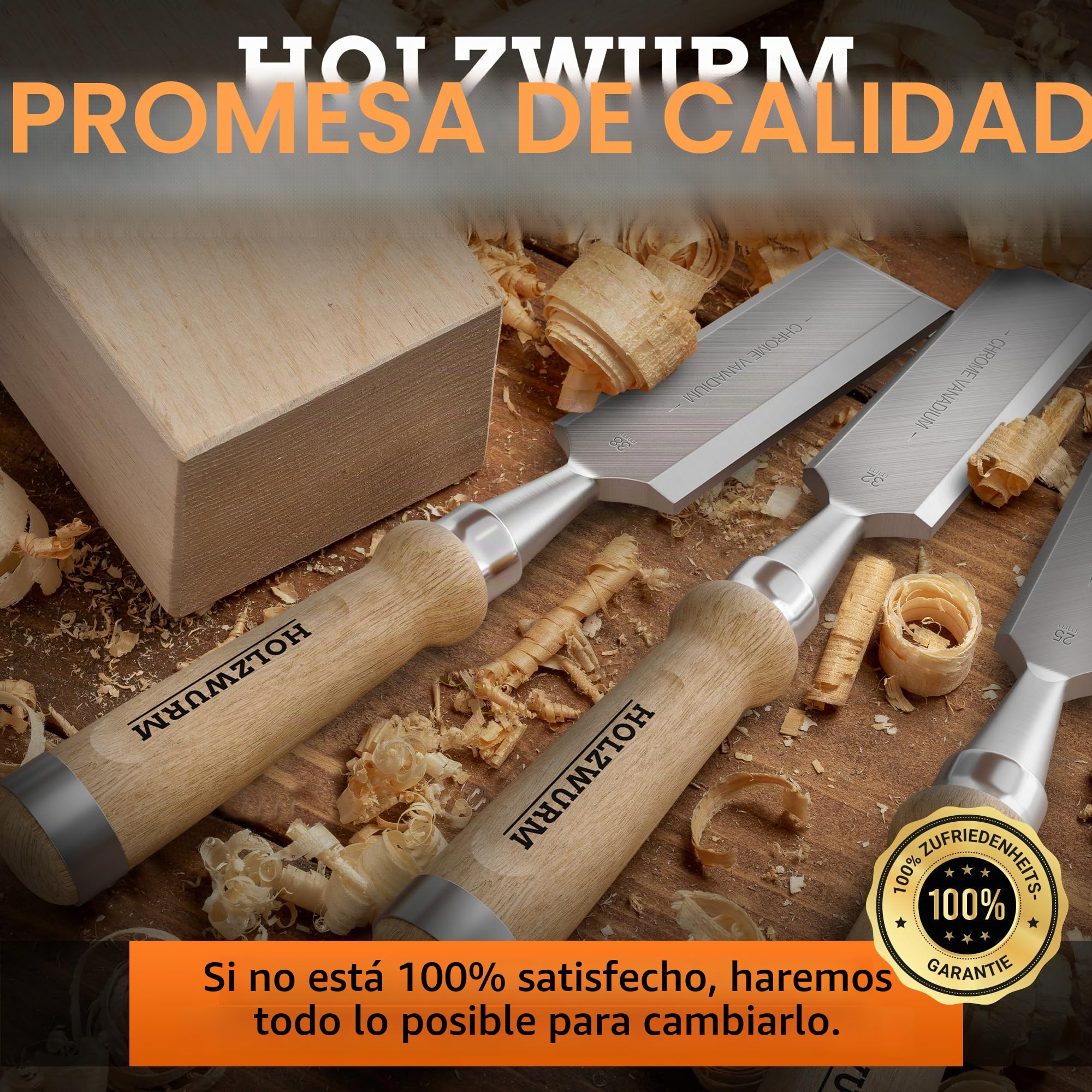HOLZWURM Juego de cinceles profesionales para madera, juego de cinceles de 6 piezas con piedra de afilar, instrucciones (EN) de afilado y estuche de madera