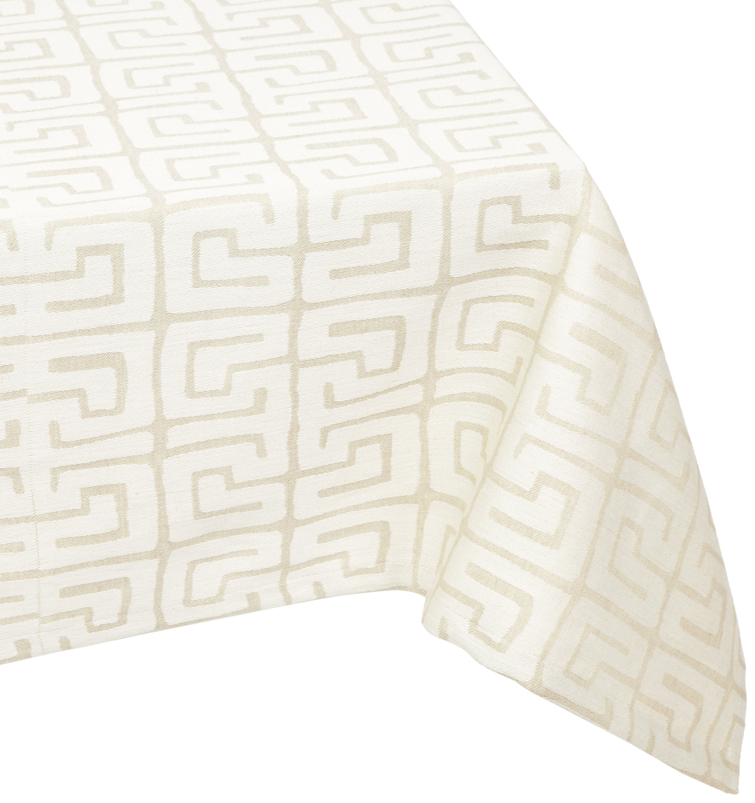 Mahogany Greek Key Ivory Jacquard-Weave Tablecloth draped over a table corner, showing the intricate pattern.