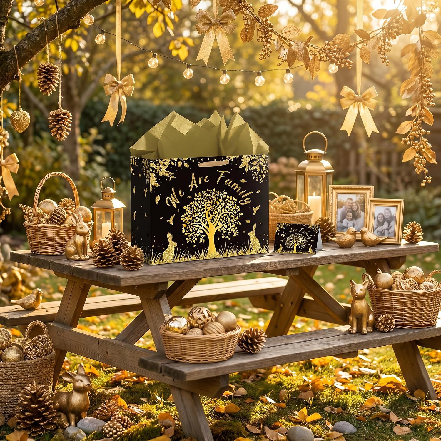 Family Reunion Party Gift Bag We are Family Favor Bag with Wrapping Paper and Card Black Gold Family Gathering Party Decorations for Tree of Life Family Party Family Reunion Thanksgiving Holiday Supplies image 2