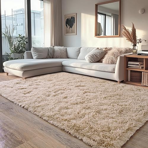 Beige Fluffy Rug for Bedroom 6x9 ft - Ultra Soft & Non Slip Shaggy Area Rug, Comfy Durable Carpet for Living Room Kids Room Teens Dorm Home Decor, 1.7'' Thick Indoor Plush Carpets