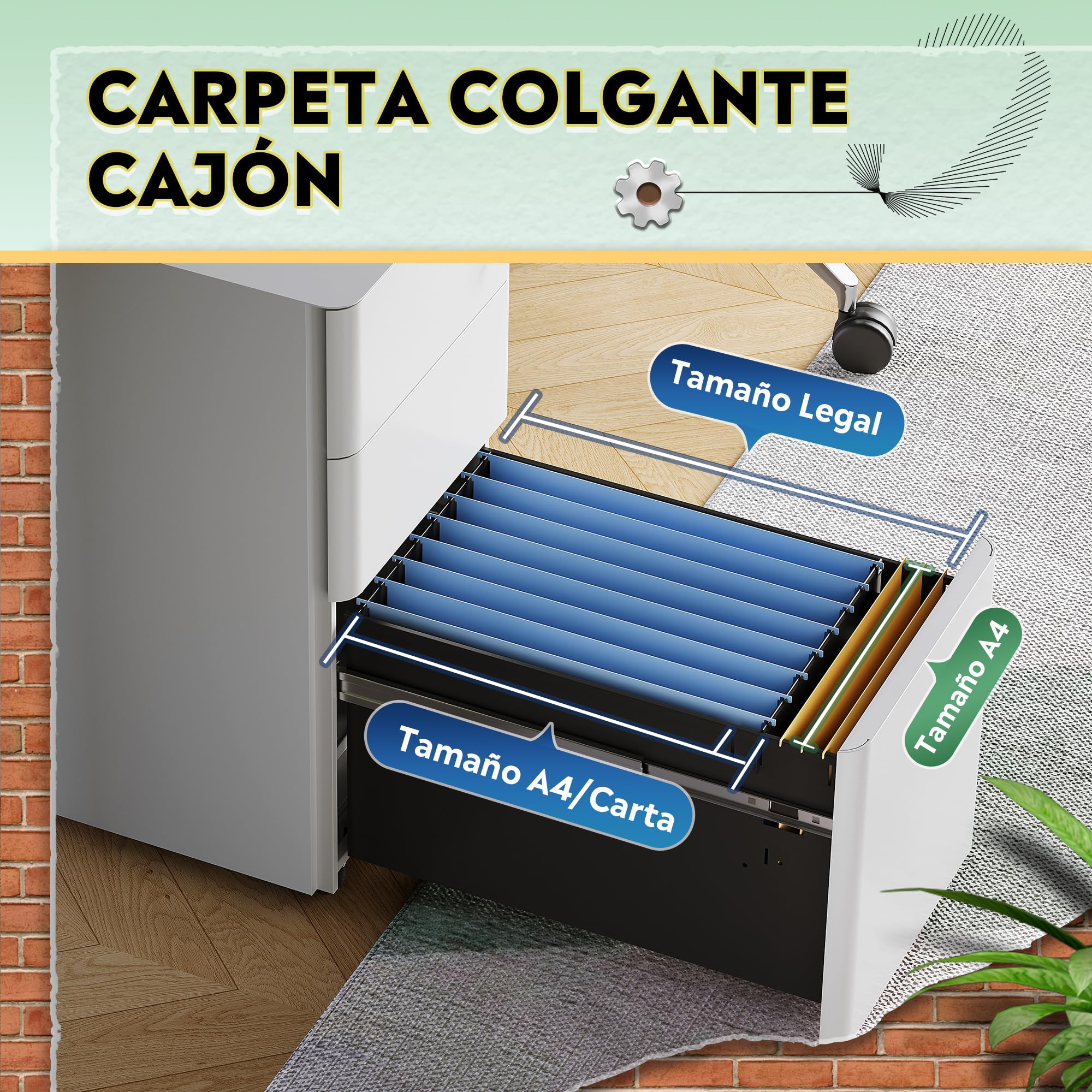 DEVAISE Carrito de Oficina con 3 Cajones Bloqueables, Mueble Bajo Escritorio Multifunción, Repositorio para Impresora y Archivador con Ruedas, Blanco