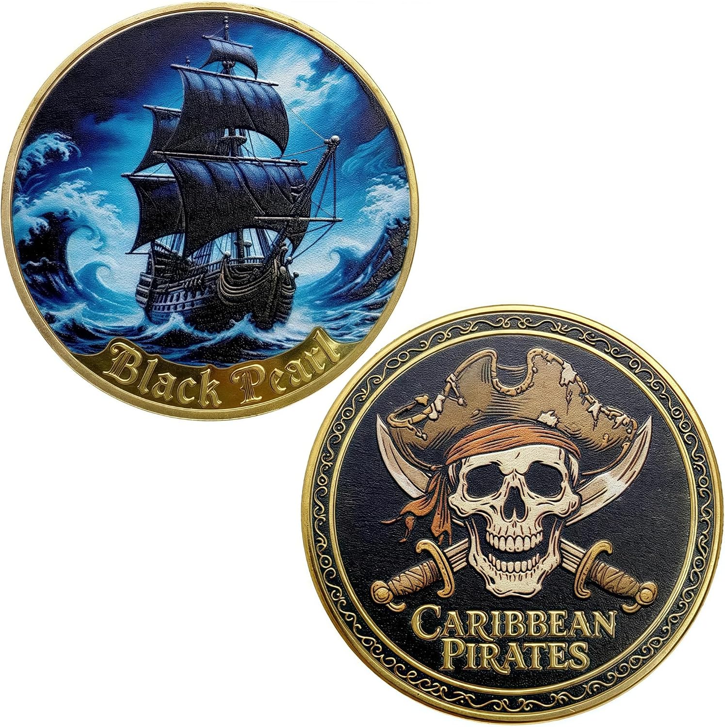 Caribbean Ocean Adventure Collectible Coin - Vintage Black Sailing Vessel & Pirate Skull 3D Embossed Metal Medal, Ideal Gift for Hobby Collectors