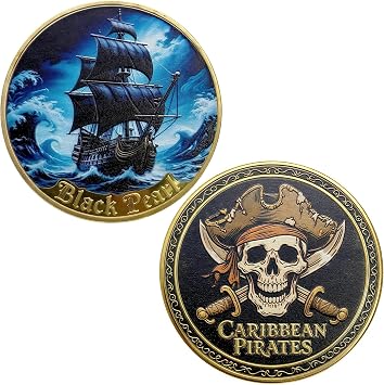 Pirates of the Caribbean Challenge Coin - Black Pearl Ship & Caribbean Pirates Skull Design, Premium 3D Embossed Metal Coins, for Collectors