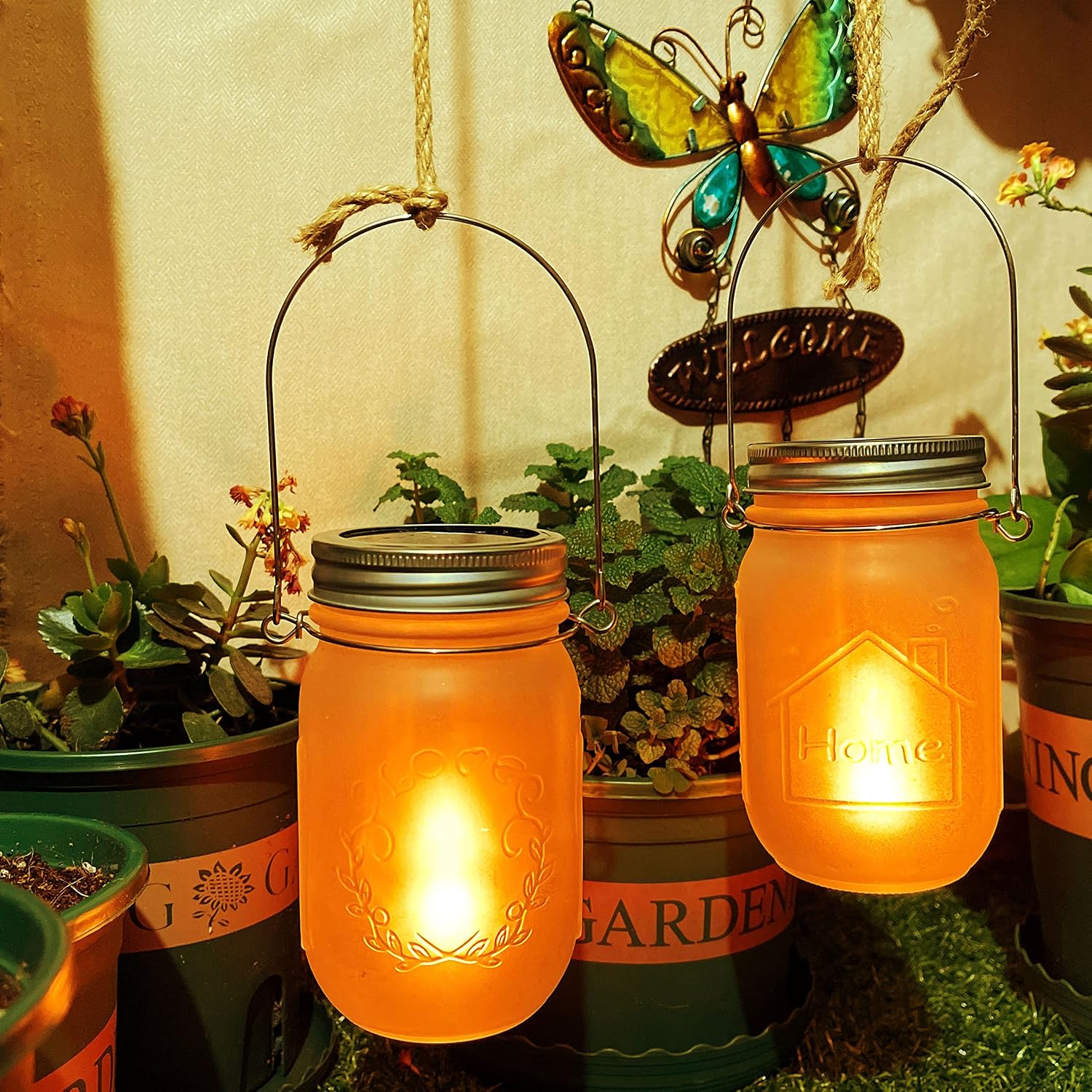 Aikeve Solar Mason Jar Lantern Lights ,4 Pack LED Outdoor Solar Garden Light,Solar Lanterns for Outdoor Patio Party Garden Wedding Christmas Decor Lights(Mason Jars/Handles Included)