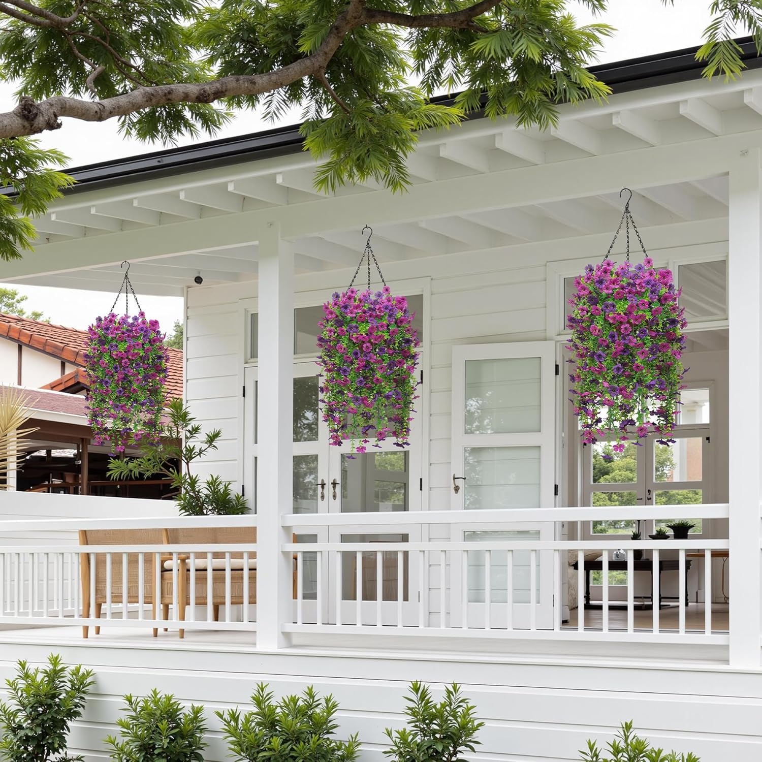 Artificial Hanging Fake Flowers Plants Spring Summer Decoration for Outdoor, 4PCS Faux Silk Daisy UV Resistant for Outside Realistic plastic Flowers Home Porch Patio Balcony Yard Decor(Double Purple)