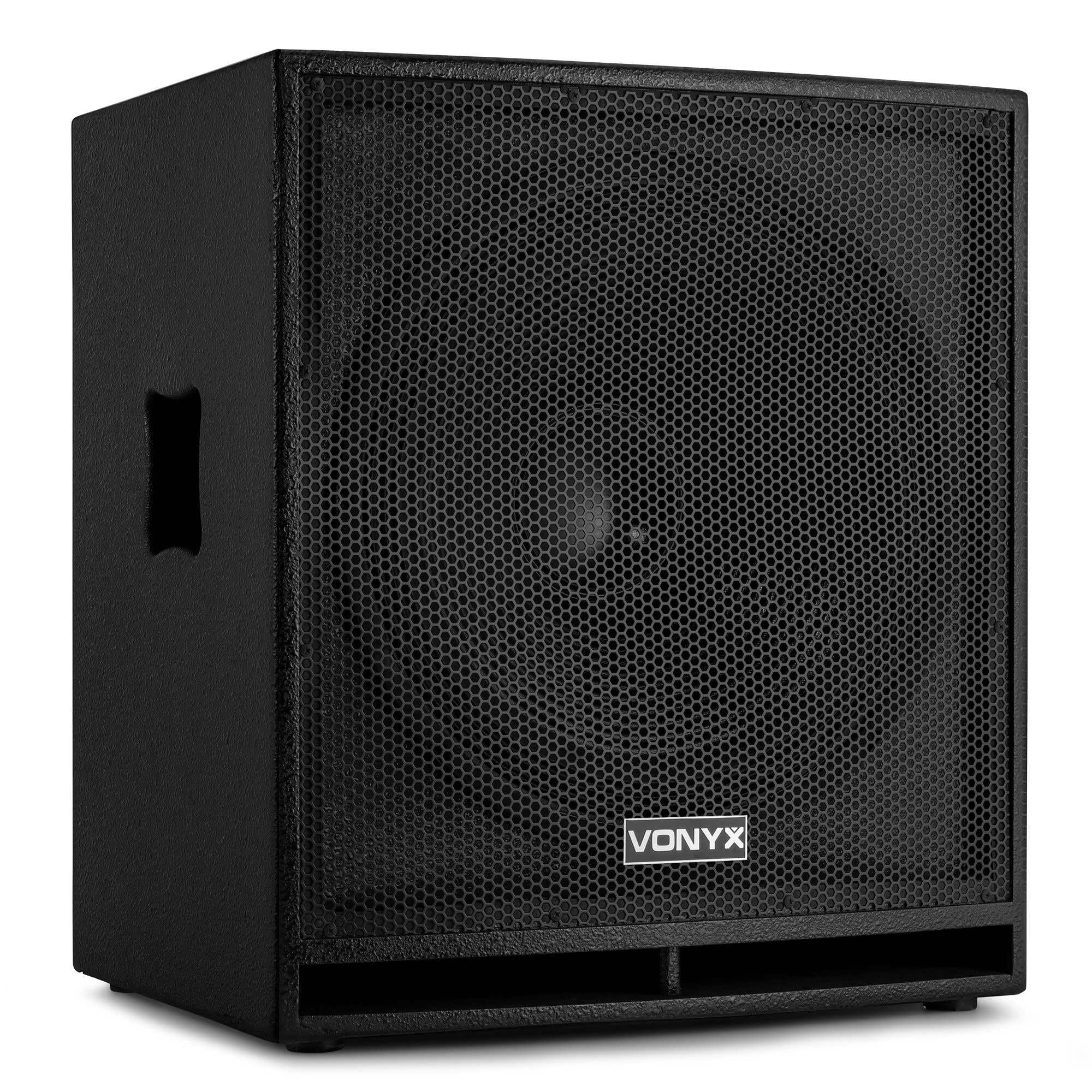 VONYX SWP18 Caisson de Basse Actif 1200W, Phase Réglable, Entrée/Sortie XLR + RCA, Amplificateur Intégré, Insert sur la Face Supérieure pour Enceinte Active, Grave 18", Idéal pour DJ Mobile