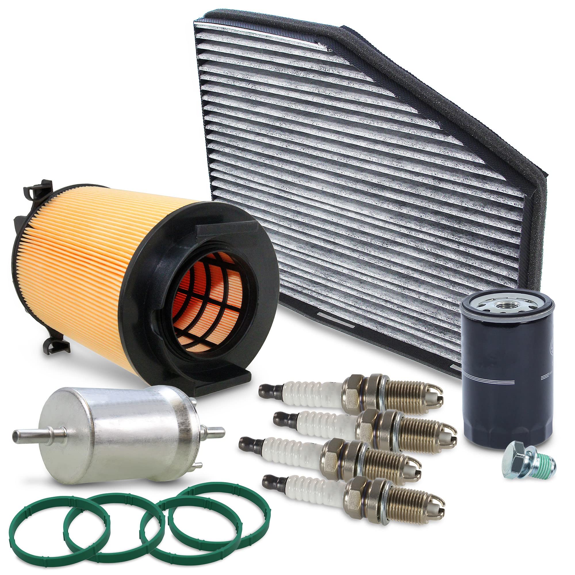 BESTPRICE Paquete de inspección juego de filtros con 4x bujía,tapón de drenaje de aceite,filtro de habitáculo,filtro de aceite,filtro de combustible,filtro de aire,4x junta para colector de admisión