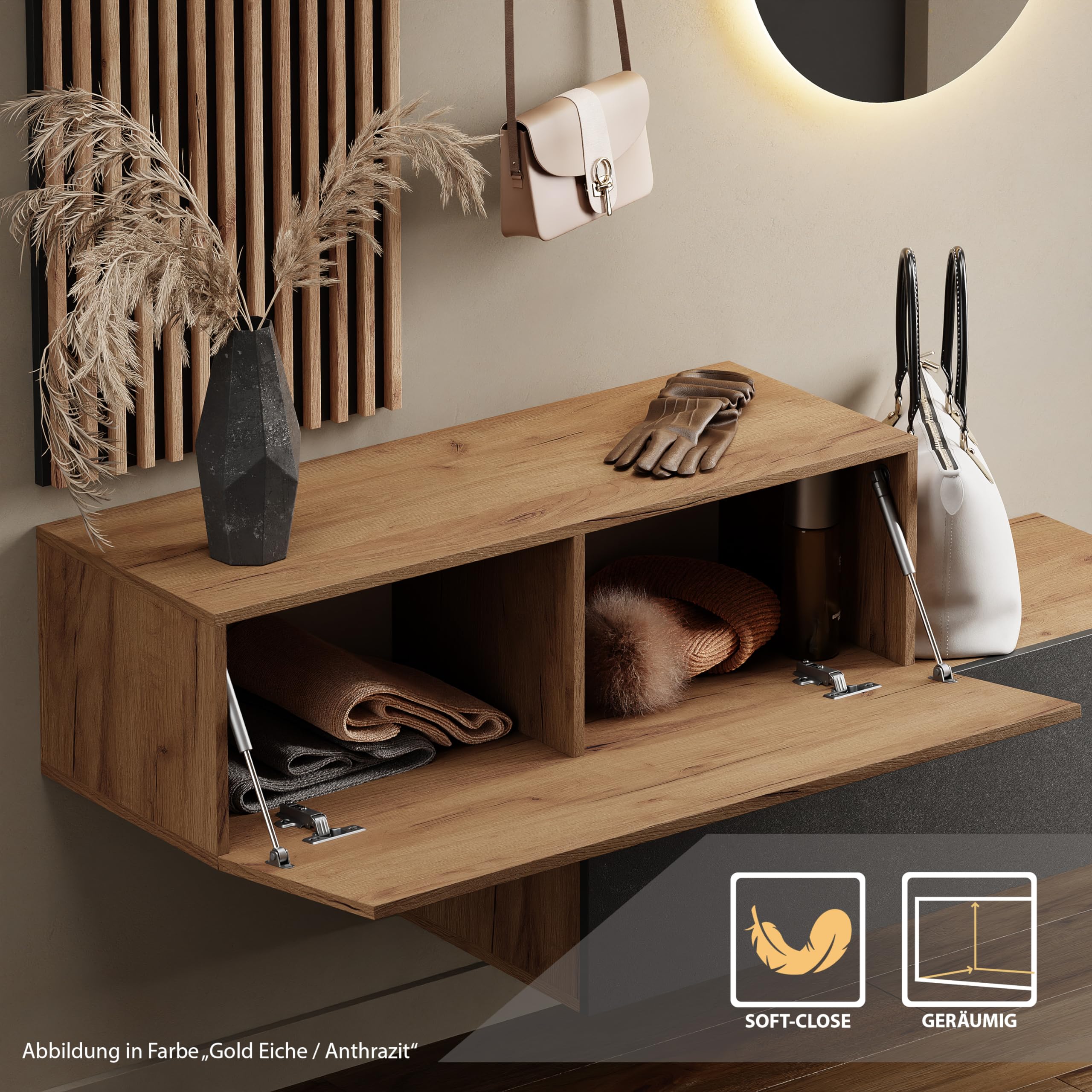 Planetmöbel - Mobile da ingresso, 2 x 100 cm, nero. pannello da parete 50 cm, rovere dorato/antracite, specchio da 50 cm (senza LED), 32,5 x 100 x 37,8 cm (A x L x P)